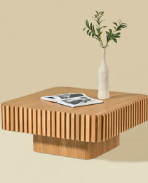 31.5 Inch Modern Handcraft Drum Coffee Table Square Coffee Table For Living Room,Small Wooden Coffee Table With Sturdy MDF Pedesta,Natural Color