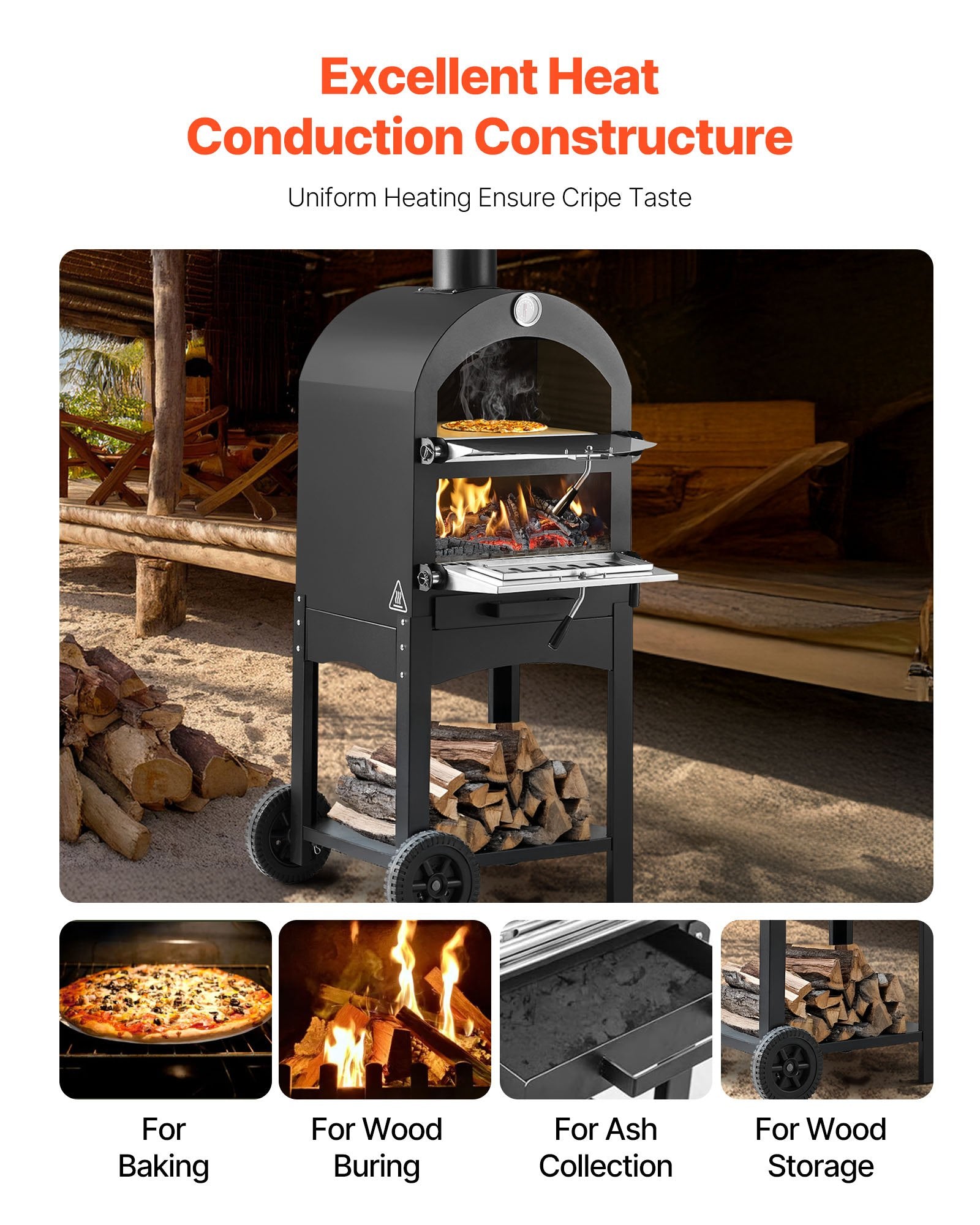 Mobile Wood-Fired Outdoor Pizza Oven – 1000°F Dual-Tier Baker with All-Terrain Wheels & Ash Drawer