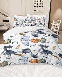 8 Pieces Halloween Comforter Set, Witch Pattern Bed In A Bag Bedding With Comforter Sheet Sham - 1 Comforter, 2 Pillow Shams, 1 Flat Sheet, 1 Fitted Sheet, 1 Cushion Cover, 2 Pillowcases