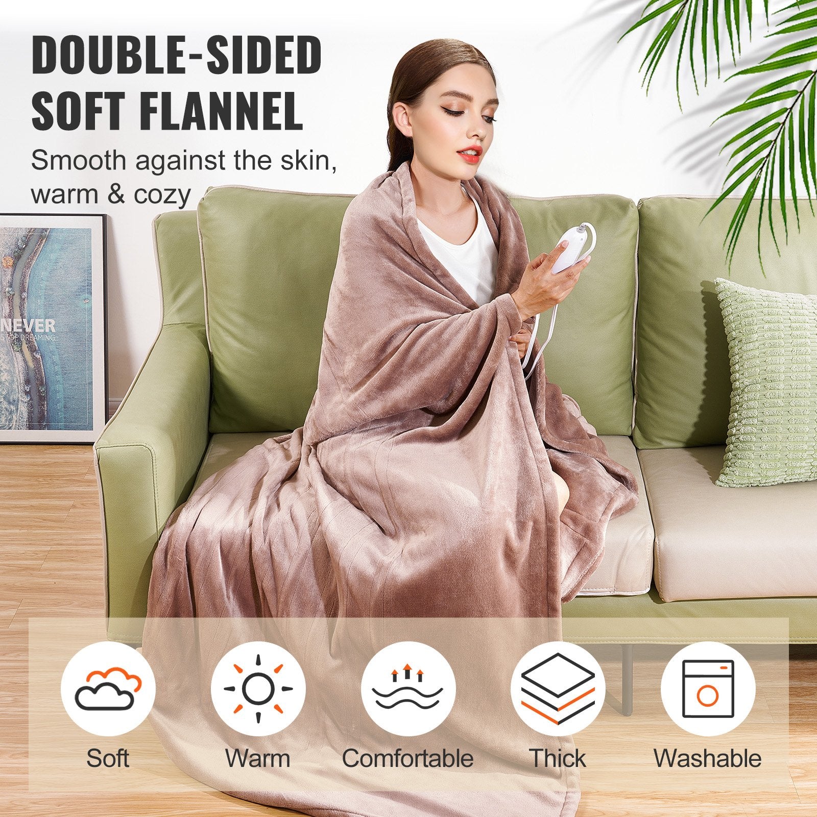 Heated Blanket Electric Throw, 100" X 90" King Size, Soft Flannel Heating Blanket With 10 Hours Timer Auto-off & 5 Heating Levels, Dual Control, Machine Washable, ETL & FCC Certification (Beige)