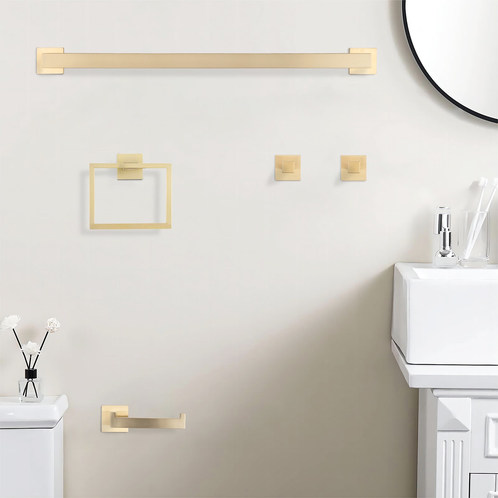 5 Piece SUS304 Bathroom Set Towel Bar  Ring  Hooks  TP Holder  Brushed Finish