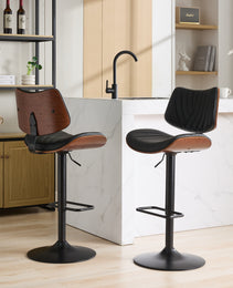 Walnut Bentwood Bar Stools Mid Century Modern Adjustable Counter Height Black Leather Upholstered 360 Swivel Bar Chairs For Kitchen Island Dining Room Cafe,Beige,Set Of 2