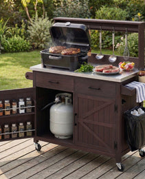 K&K 54.1  Outdoor Kitchen Island With High Shelf, Large Outdoor Potting Bench Table With Stainless Steel Top And Storage Cabinet, Solid Wood Grill Cart With Lockable Wheels For BBQ, Garden, Brown