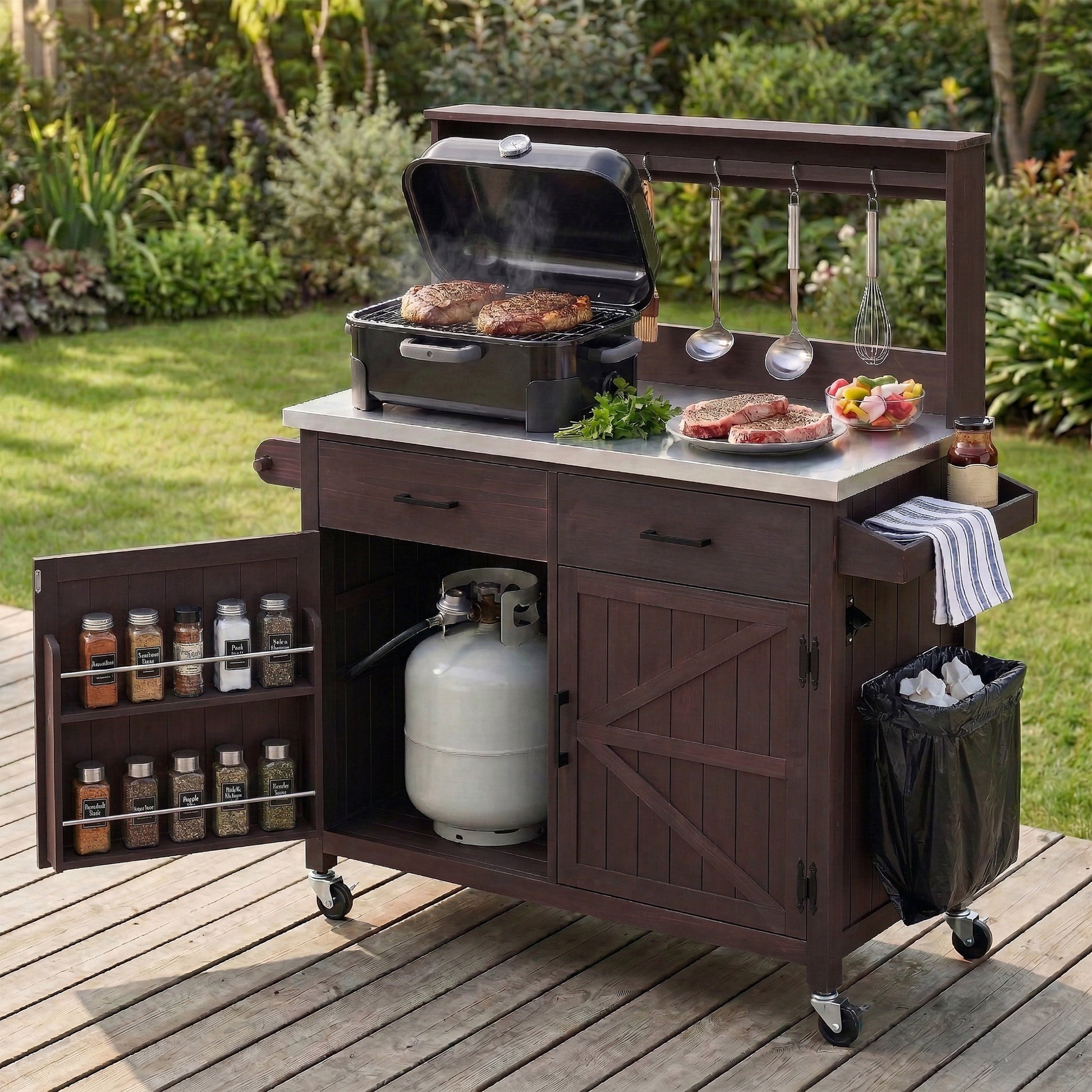 K&K 54.1  Outdoor Kitchen Island With High Shelf, Large Outdoor Potting Bench Table With Stainless Steel Top And Storage Cabinet, Solid Wood Grill Cart With Lockable Wheels For BBQ, Garden, Brown