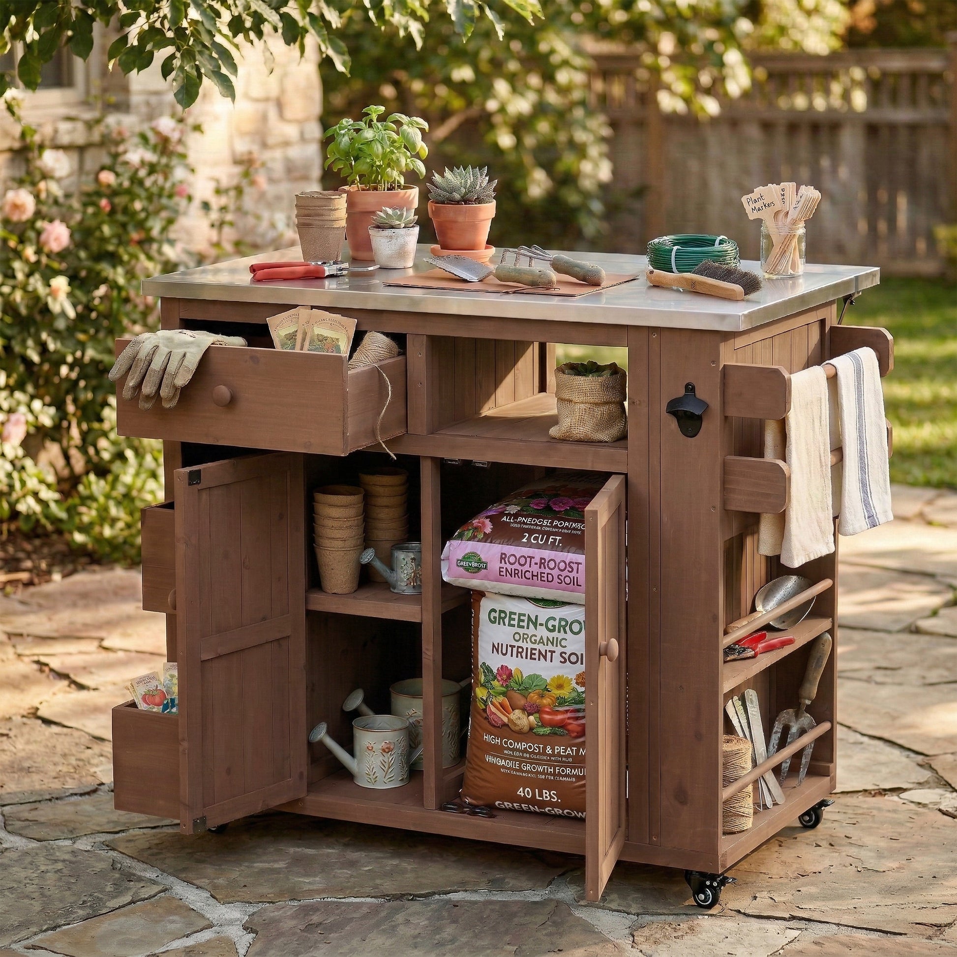 TOPMAx Outdoor Solid Wood Extendable 19.3  28  Kitchen Island  Stainless Steel Top Grill Table With Side Spice Rack  Kitchen Cart With Drawers  Storage Cabinet For Backyard  BBQ Party  Brown