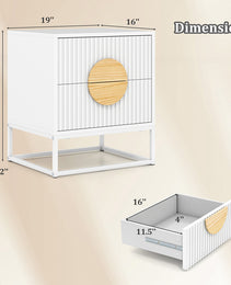 Modern Mid Century Fluted Nightstand With 2 Drawers And Pine Wood Handles For Bedroom