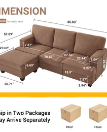 86'' L Shaped Couch With Armrest Organizer,3 Seats Sofas With Movable Ottoman,Comfy Sectional Sofa With Thick Cushion,Linen Sectional Couches For Living Room,Bedroom,Apartment,Brown