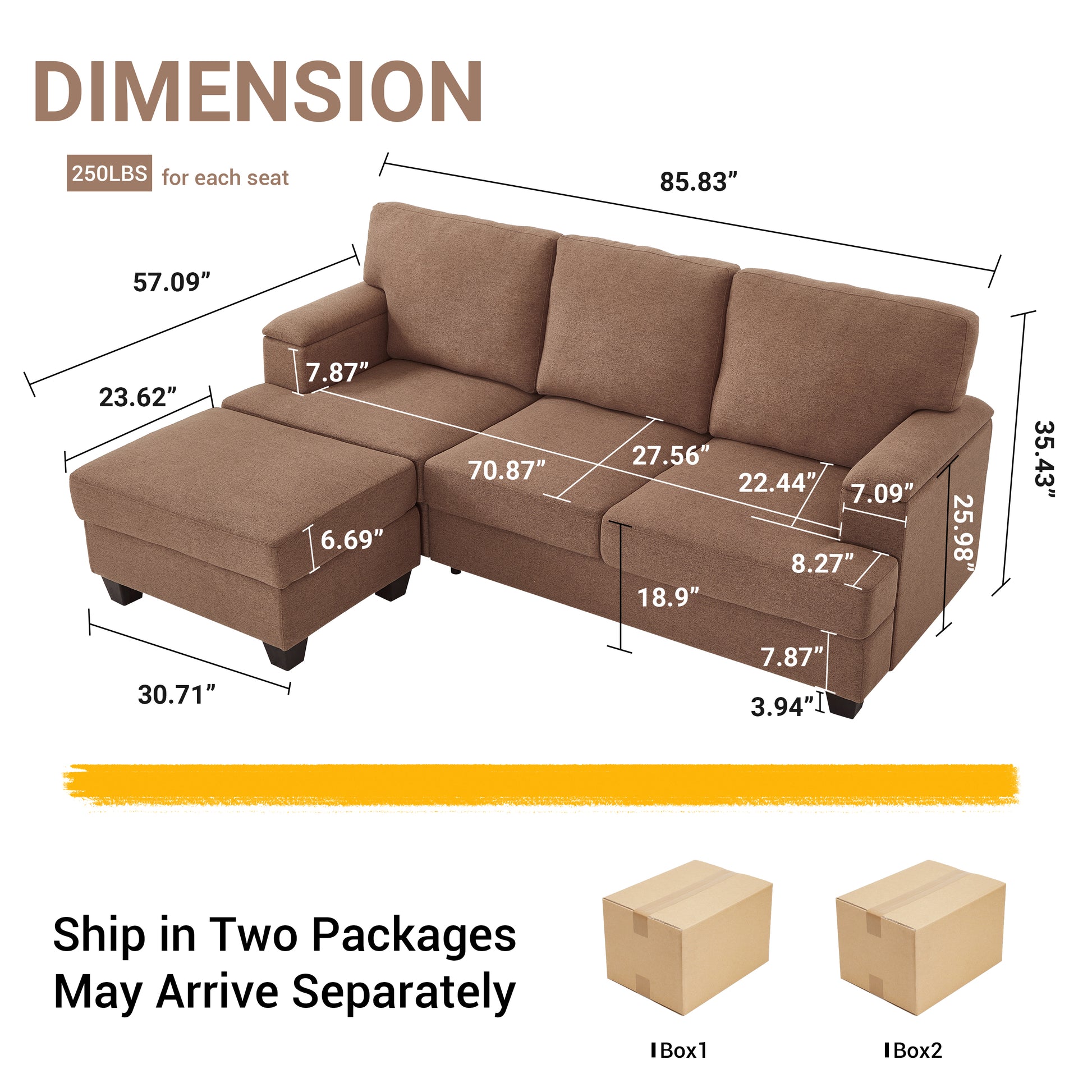 86'' L Shaped Couch With Armrest Organizer,3 Seats Sofas With Movable Ottoman,Comfy Sectional Sofa With Thick Cushion,Linen Sectional Couches For Living Room,Bedroom,Apartment,Brown
