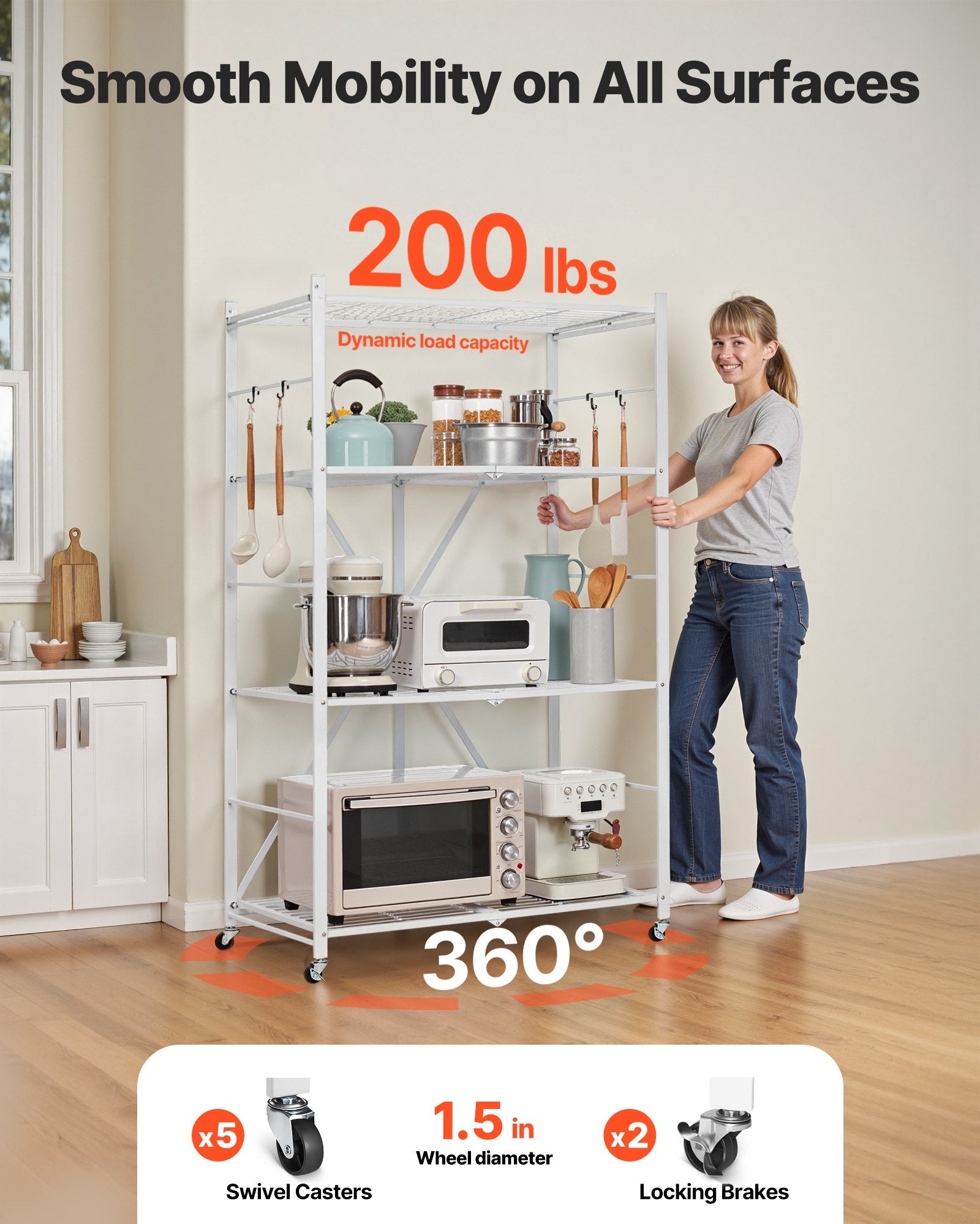 4-Tier Foldable Storage Shelf, 36W X 21D X 60 H Inch Folding Metal Rack Shelving Unit, No Assembly Organizer Shelf With 5 Wheels & 4 Hooks For Pantry, Kitchen, Garage, Basement, White
