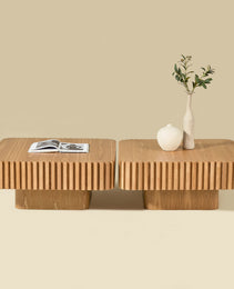 2PCS Set 31.5 Inch Modern Handcraft Drum Coffee Table Square Coffee Table For Living Room,Small Wooden Coffee Table With Sturdy MDF Pedesta,Natural Color