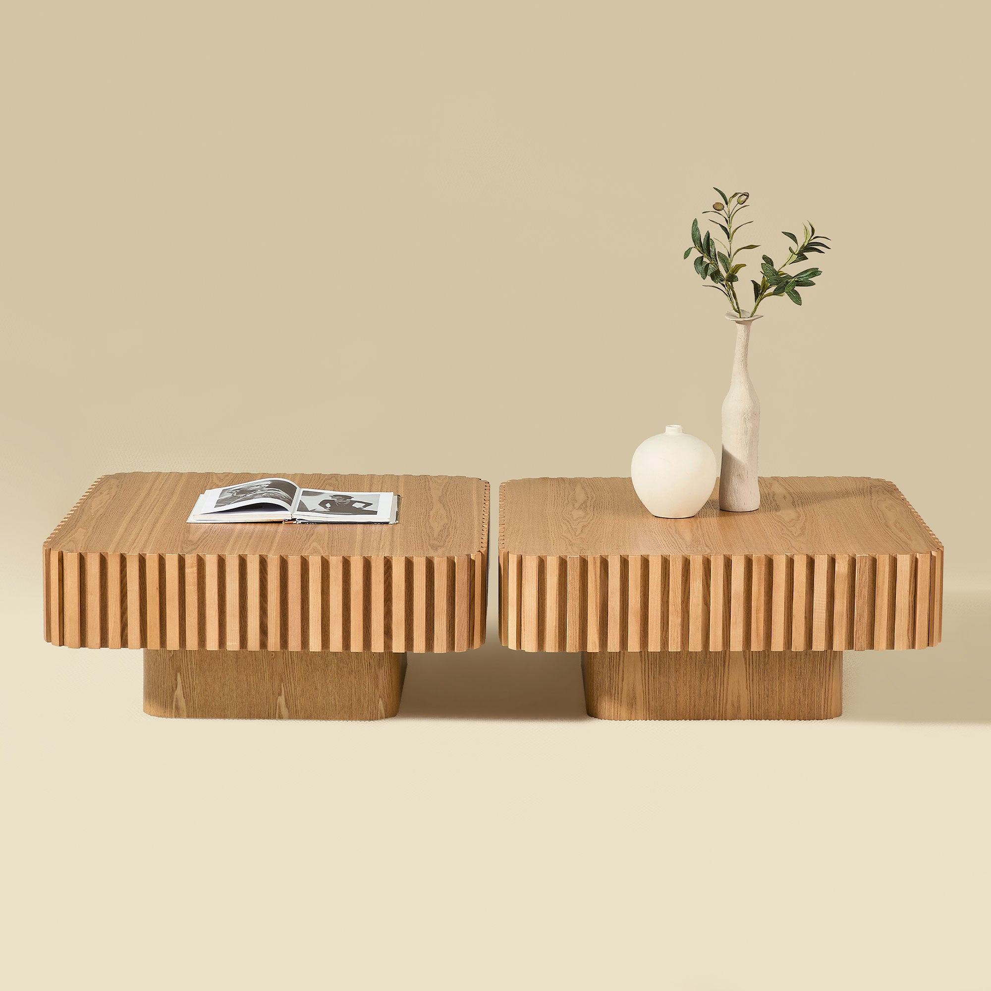 2PCS Set 31.5 Inch Modern Handcraft Drum Coffee Table Square Coffee Table For Living Room,Small Wooden Coffee Table With Sturdy MDF Pedesta,Natural Color