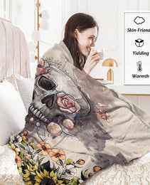 Rustic Skull Sunflower Flannel Fleece Blanket Floral Skull Flannel Soft Plush Throw Blanket Cozy Blankets For Bed Chair Car Sofa Couch Bedroom 75x100cm 130x150cm 150x200cm