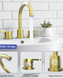 Widespread Bathroom Sink Faucet Brushed Gold 2 Handle 8 Inch 3 Hole 360' Swivel Spout Vanity Sink With Pop Up Drain Assembly-Unable Ship On Weekends, TK And TEMU Only For Pickup