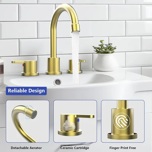 Widespread Bathroom Sink Faucet Brushed Gold 2 Handle 8 Inch 3 Hole 360' Swivel Spout Vanity Sink With Pop Up Drain Assembly-Unable Ship On Weekends, TK And TEMU Only For Pickup