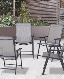 Set Of 4 Outdoor Folding Chairs, Stackable Patio Dining Chairs With Armrests, Metal Frame, Gray