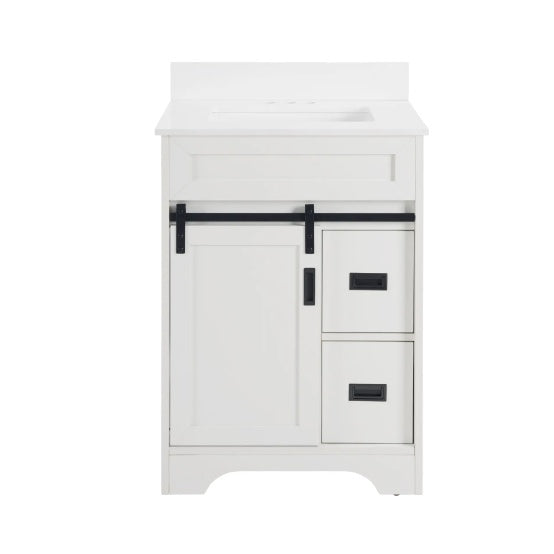 24 Bathroom Vanity With Single Sink Combo, Farmhouse Undermount Bathroom Sink Cabinet With Sliding Barn Doors And 2 Drawers, Freestanding Bathroom Vanities,White