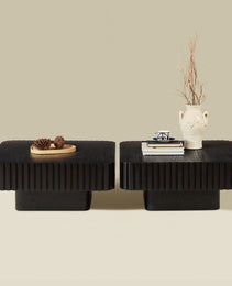2PCS Set 31.5 Inch Modern Handcraft Drum Coffee Table Square Coffee Table For Living Room,Small Wooden Coffee Table With Sturdy MDF Pedesta,Black Color