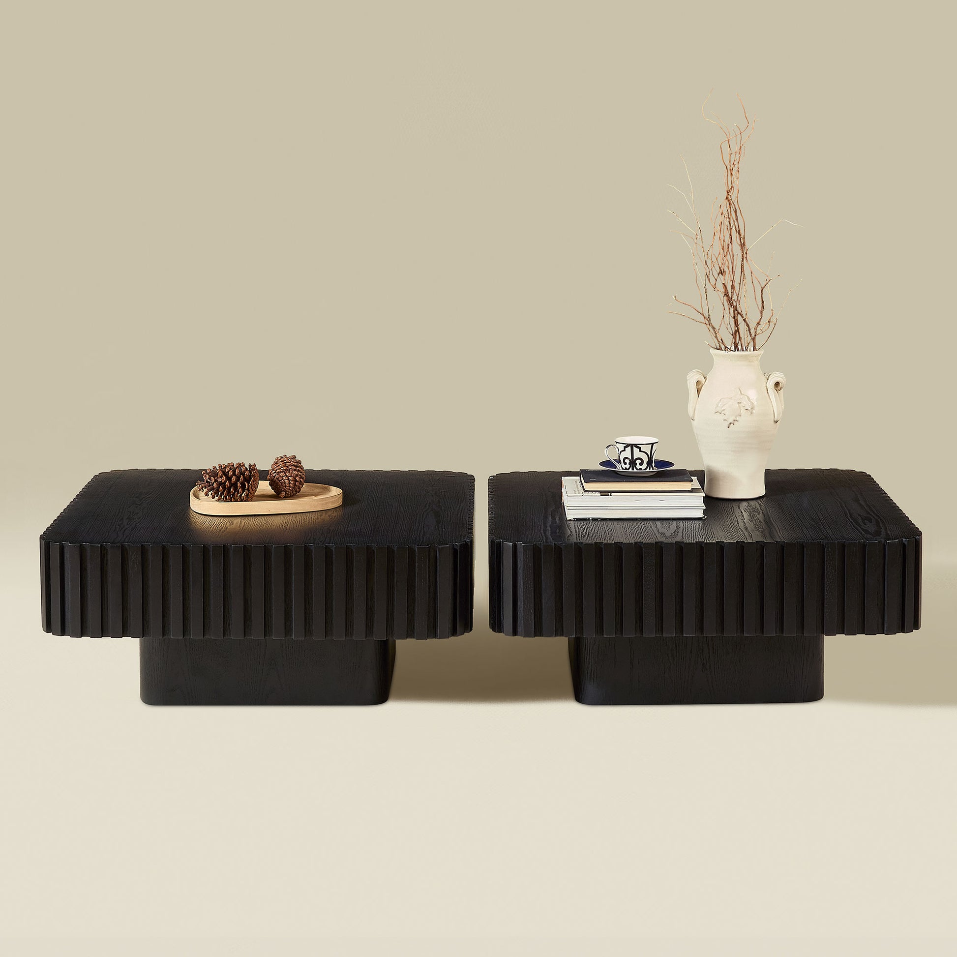 2PCS Set 31.5 Inch Modern Handcraft Drum Coffee Table Square Coffee Table For Living Room,Small Wooden Coffee Table With Sturdy MDF Pedesta,Black Color