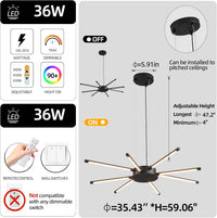 35.43 Inches Modern Sputnik Chandelier 8 Light Dining Room Light Fixture LED Dimmable Pendant Light with Remote Control Black Chandeliers for Living Room Kitchen Bedroom
