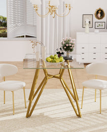 35.4-inch Square Tempered Glass Dining Table, Suitable For 2-4 People, Space-saving Small Kitchen Dining Table, Equipped With Sturdy Metal Table Legs,suitable For Dining Room, Living Room,Gold