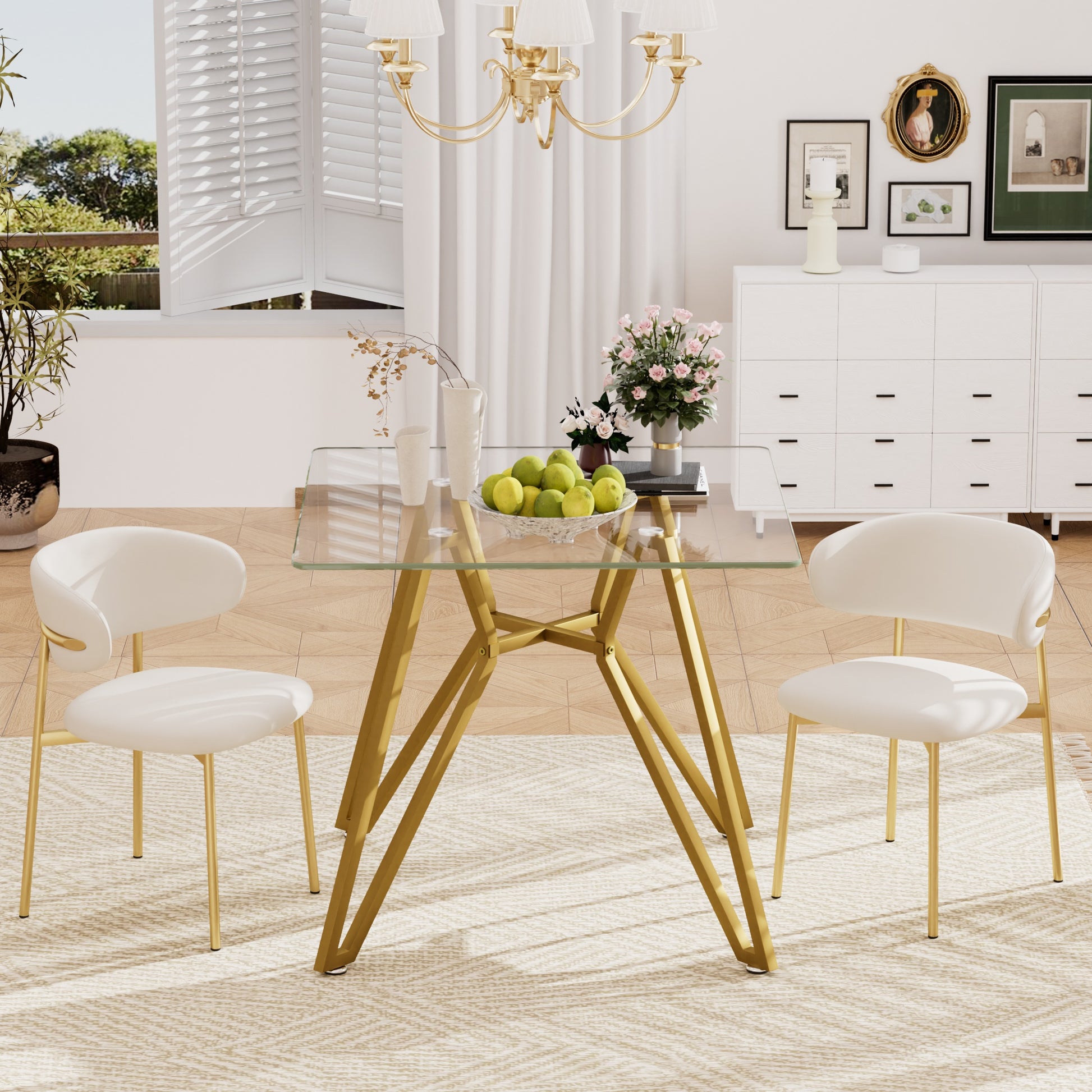 35.4-inch Square Tempered Glass Dining Table, Suitable For 2-4 People, Space-saving Small Kitchen Dining Table, Equipped With Sturdy Metal Table Legs,suitable For Dining Room, Living Room,Gold