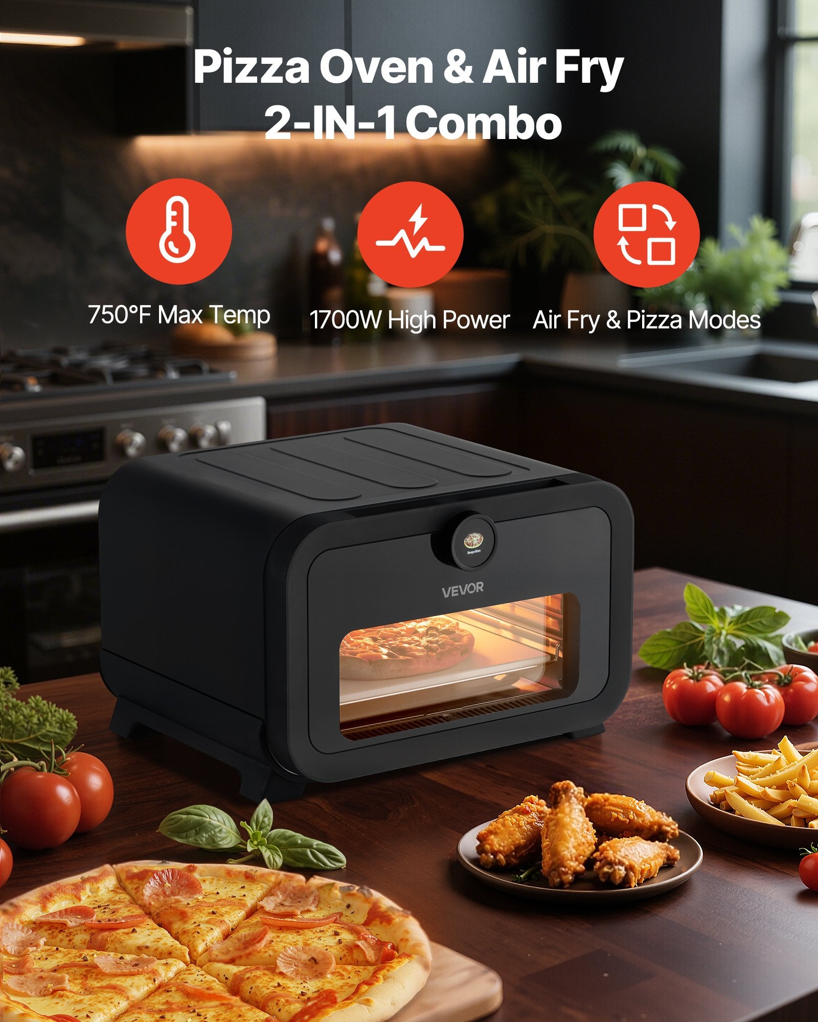 Smart Pizza Oven & Air Fryer Combo – 1700W High-Heat Countertop Baker (750°F Max)