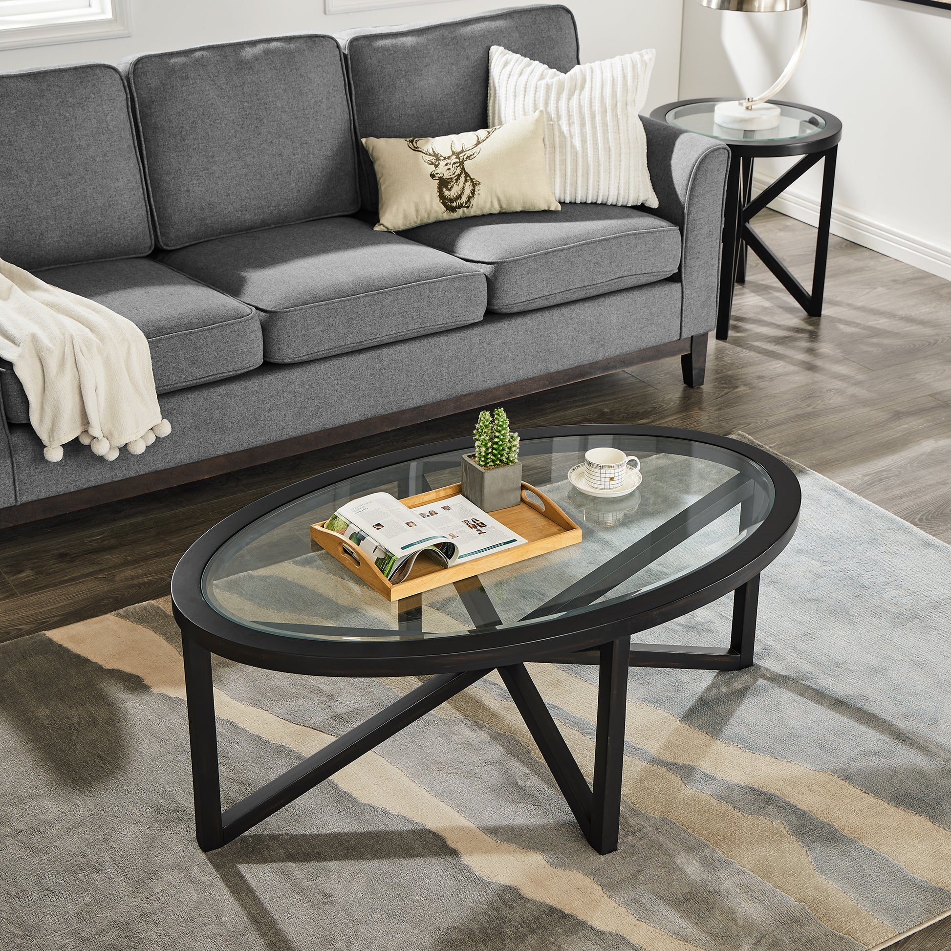 Modern Simple Glass Coffee Table, Tempered Glass Coffee Table Solid Wood Base Round Transparent Glass Top Modern Living Room Terrace Study Coffee Table