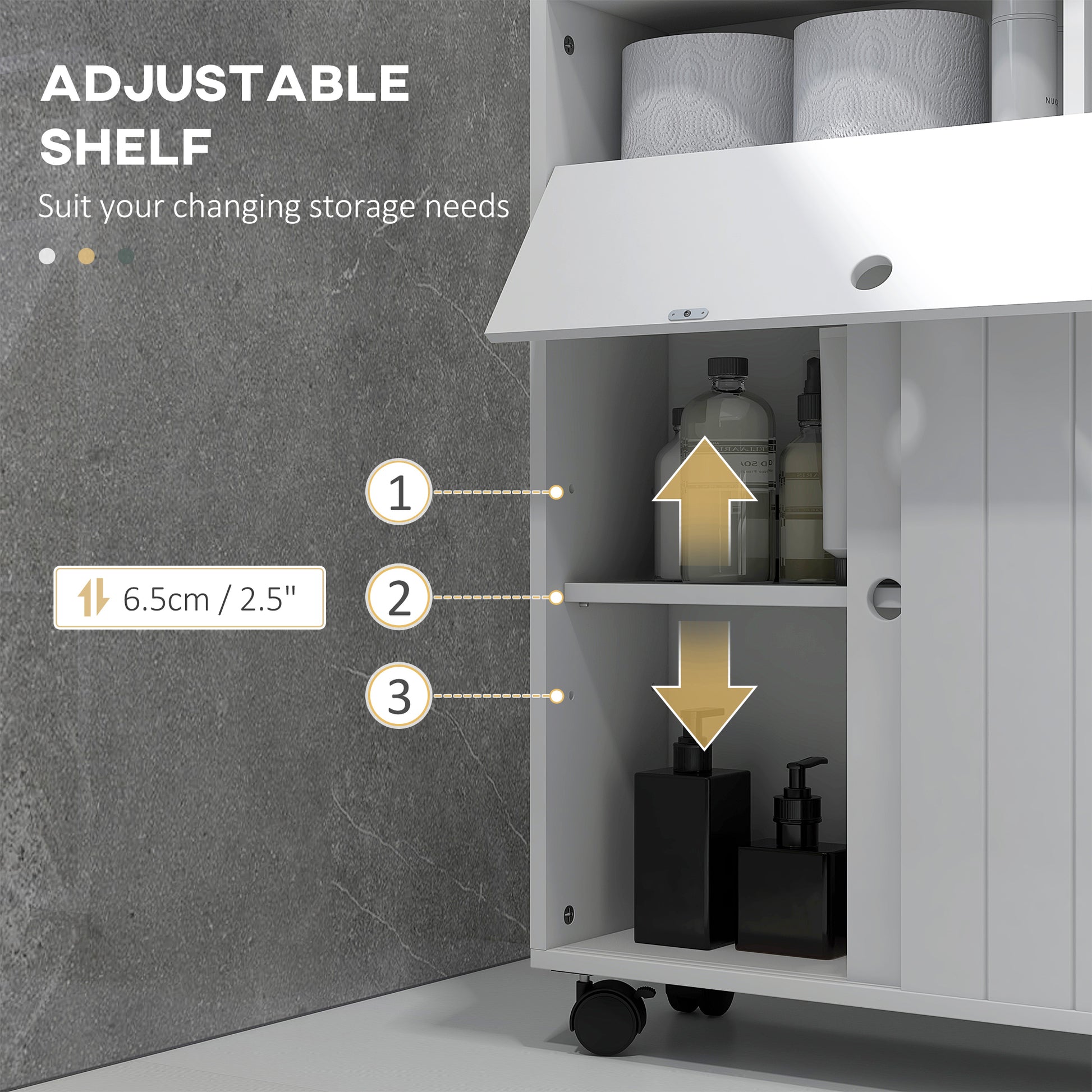 Toilet Paper Cabinet, Slim Bathroom Cabinet with 4 Rolling Wheels, Small Bathroom Storage Cabinet with Paper Holes, Sliding Doors and Adjustable Shelf for Small Space, White