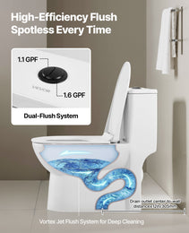 One-Piece Elongated Toilet – Vortex Dual Flush 1.1/1.6 GPF, Skirted Easy-Clean Design, Standard Height (Black & White, 12" Rough-In)
