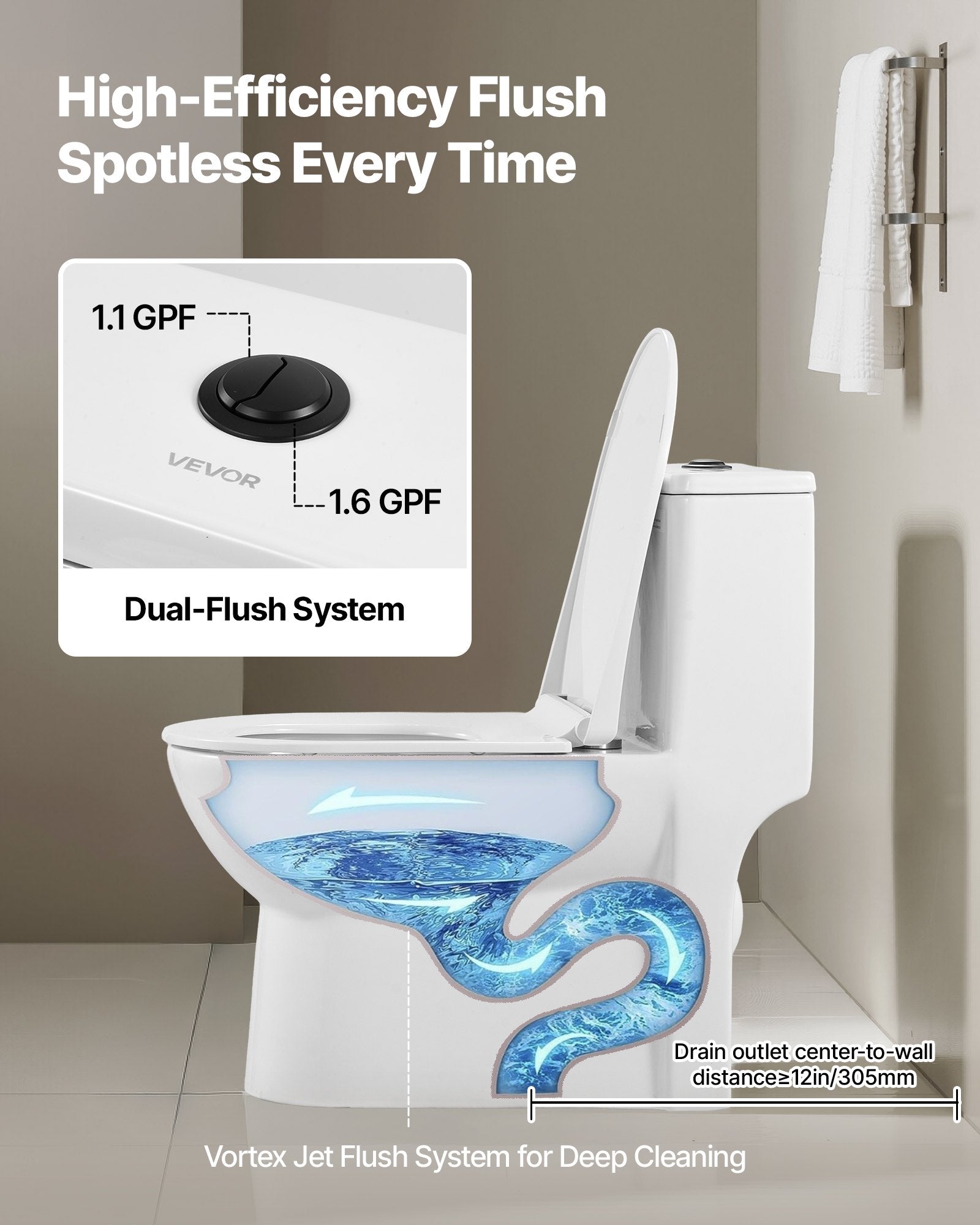 One-Piece Elongated Toilet – Vortex Dual Flush 1.1/1.6 GPF, Skirted Easy-Clean Design, Standard Height (Black & White, 12" Rough-In)