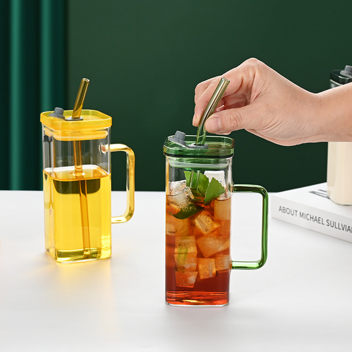 1 Pcs Blue Glass Straw Cup, 6 Colors Square Glass Cup With Straw And Lid, High Borosilicate Glass Cup, Milk Cup, Juice Cup, Cold Drink Cup, Coffee Cup, Tea Cup, Office Cup, Gift Cup