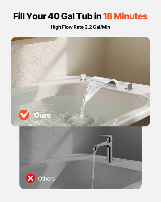 Roman Tub Faucet, 3 Hole Waterfall Bathtub Faucet, Bath Tubs Faucets Set With 2 Handles, Deck Mount Bath Tub Faucets Set For Adult Bathing, Silver, Waterfall Spout Design, Temperature Control
