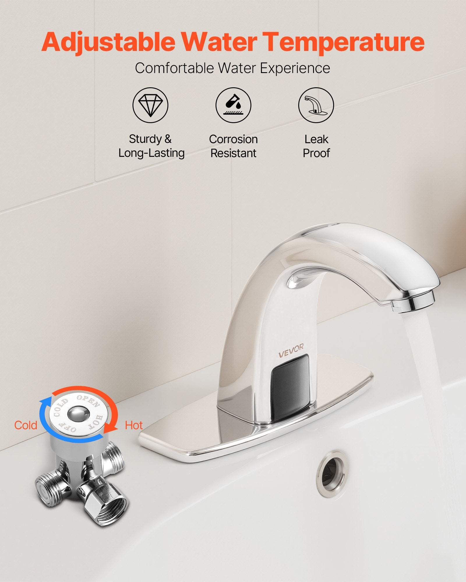 Touchless Bathroom Sink Faucet, Automatic Motion Sensor Restroom Toilet Faucet With Hole Cover Plate, Battery Operated,Adjustable Temp For 9/16 In Pipe Commercial Lavatory,Chrome Plated Silver