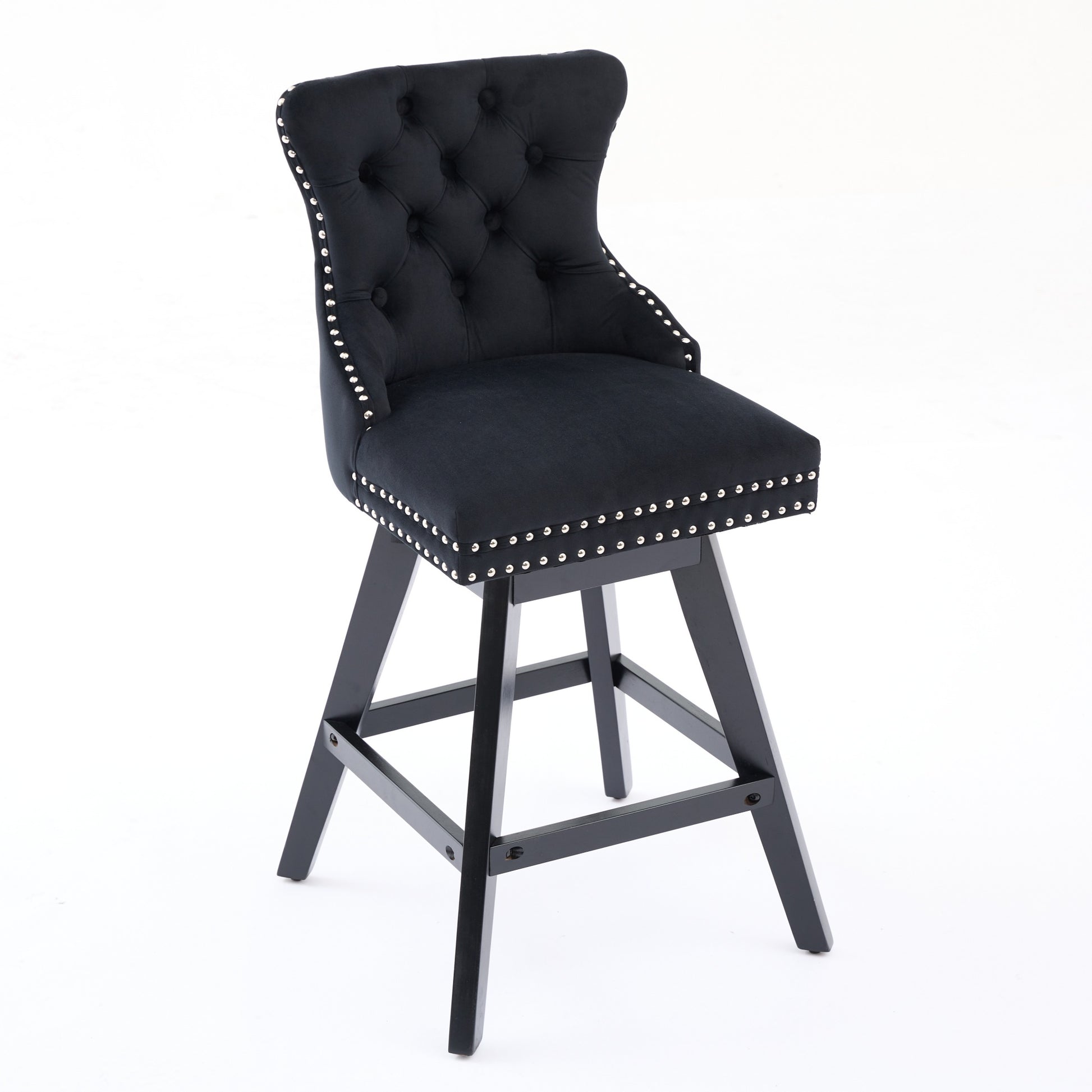 Swivel Velvet Barstools With Button Tufted Decoration And Wooden Legs, And Chrome Nailhead Trim, Leisure Style Bar Chairs,Bar Stools, Set Of 2 Black,SW1860BK