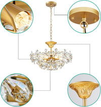 Flower Crystal Chandelier for Dining Room, Living Room, Kitchen, Bedroom, 6-Light Floral Light Fixture, D18*H16~41Inch (Adjustable Height), K9 Crystal & Gold Finish