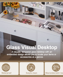 Vanity Desk With Mirror And 3 Lighting Modes, Makeup Vanity With Glass Top And Storage Shelves, Dressing Table With 2 Drawers And Cabinet - CJDS
