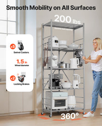 5-Tier Foldable Storage Shelf, 32W X 14D X 72H Inch Folding Metal Rack Shelving Unit, No Assembly Organizer Shelf With 5 Wheels & 4 Hooks For Pantry, Kitchen, Garage, Basement, Grey