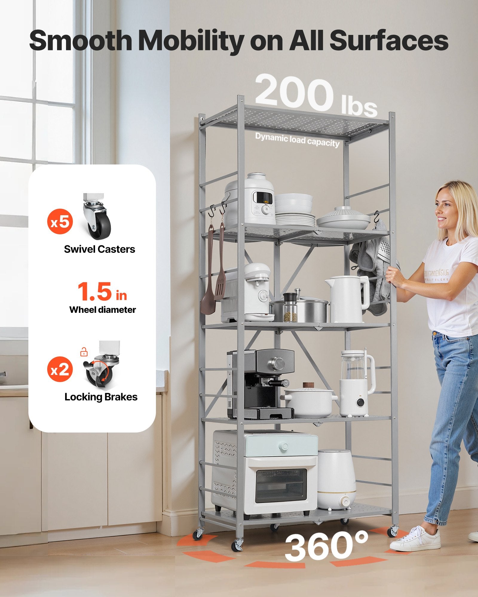 5-Tier Foldable Storage Shelf, 32W X 14D X 72H Inch Folding Metal Rack Shelving Unit, No Assembly Organizer Shelf With 5 Wheels & 4 Hooks For Pantry, Kitchen, Garage, Basement, Grey