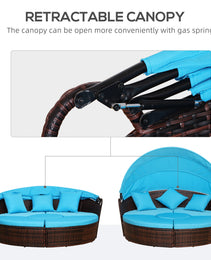 4-Piece Round Convertible Daybed with Cushions, Outdoor PE Rattan Patio Wicker Sofa Set, Sunbed with Adjustable Sun Canopy, Sectional Sofa, 2 Chairs, Table, 3 Pillows, Blue