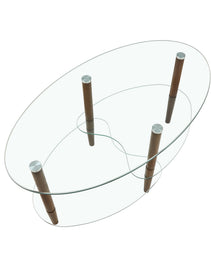 Transparent Oval Glass Coffee Table Modern Table Wood Leg Tea Table 3-layer