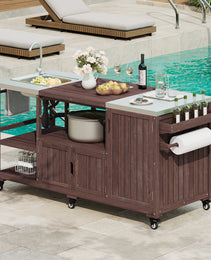 K&K 75.4  Outdoor Kitchen Island With Sink, Solid Wood Outdoor Grill Cart For XL Green Egg Grills, Rolling Outdoor Bar Cart With Stainless Steel Top, For Pizza Prep & BBQ, Brown