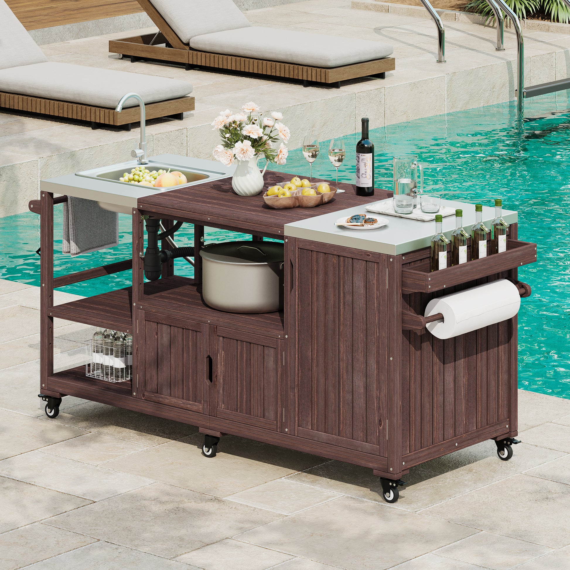 K&K 75.4  Outdoor Kitchen Island With Sink, Solid Wood Outdoor Grill Cart For XL Green Egg Grills, Rolling Outdoor Bar Cart With Stainless Steel Top, For Pizza Prep & BBQ, Brown