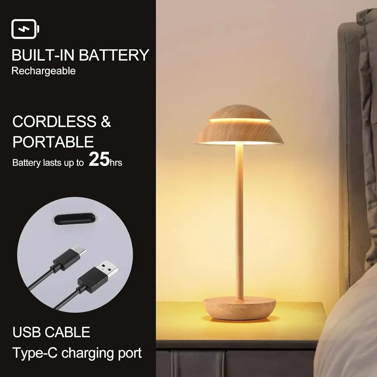 Modern Portable Cordless Table Lamp Mushroom Light Stepless Dimmable Up LED Desk Table Lamp for Perfect for Home & Restaurant