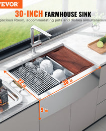 30" Stainless Steel Farmhouse Workstation Sink – 304 Grade Apron-Front Drop-In Basin with Integrated Ledge & Accessory Kit