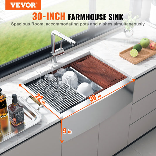 30" Stainless Steel Farmhouse Workstation Sink – 304 Grade Apron-Front Drop-In Basin with Integrated Ledge & Accessory Kit