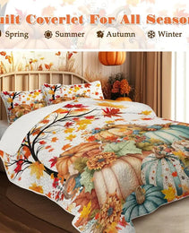 3PCS Colorful Oil Painting Pumpkin Pattern Quilt Set For All Seasons Flower Fall Leaves Bedding Set With 2 Pillowcases For Kids Adults Thanksgiving Day Gifts
