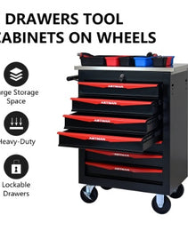7 Drawers Multifunctional Tool Cart With Wheels,Metal Rolling Tool Cart Storage For Garage Workshop Warehouse Repair Shop--With Stainless Steel Roof- BLACK RED