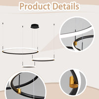 Modern Chandelier Black 3 Ring Chandelier for Living Room High Ceiling Chandelier Light Fixture with Remote Control LED Lights Dimmable 2700-6000K Foyer Light
