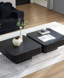 2PCS Set 31.5 Inch Modern Handcraft Drum Coffee Table Square Coffee Table For Living Room,Small Wooden Coffee Table With Sturdy MDF Pedesta,Black Color