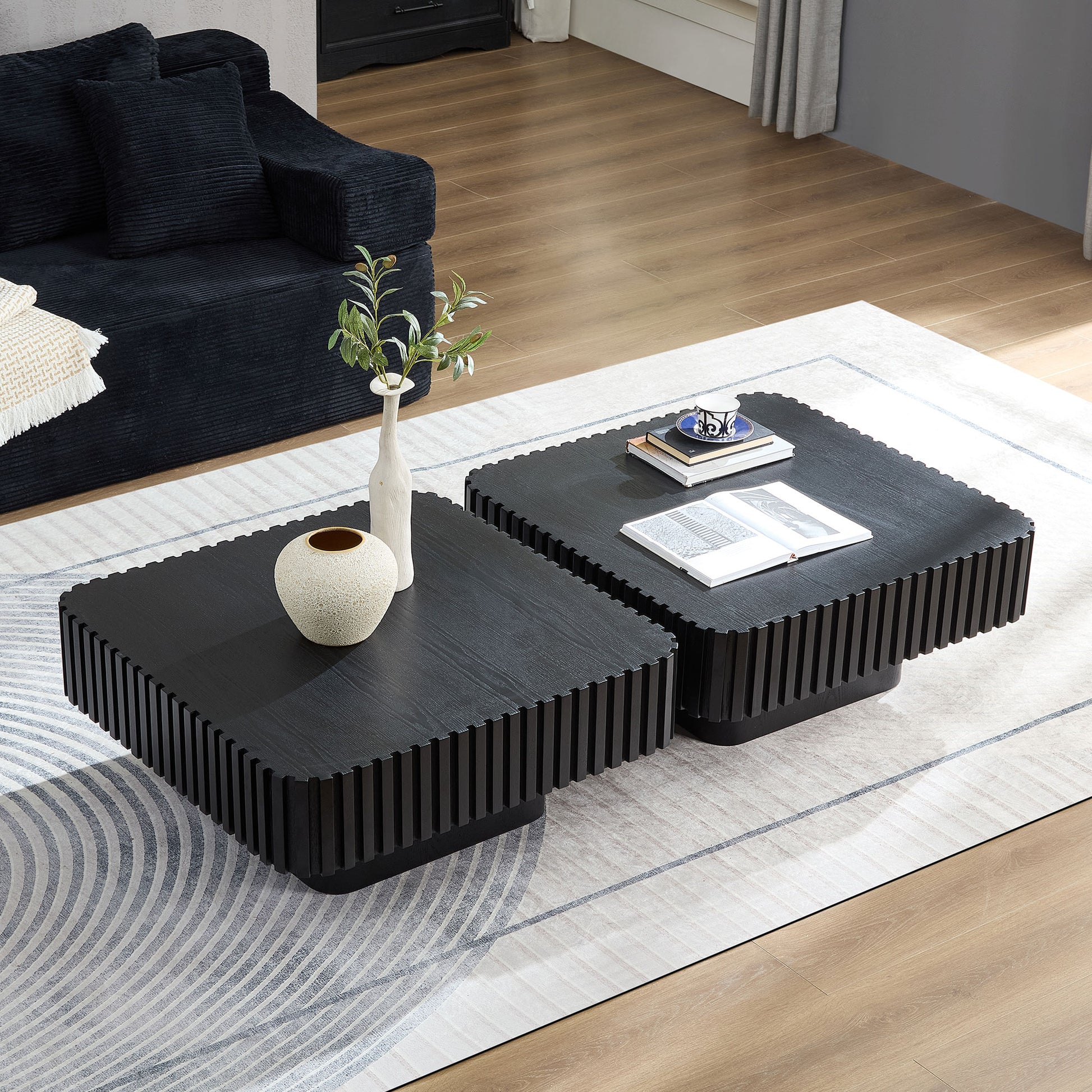 2PCS Set 31.5 Inch Modern Handcraft Drum Coffee Table Square Coffee Table For Living Room,Small Wooden Coffee Table With Sturdy MDF Pedesta,Black Color